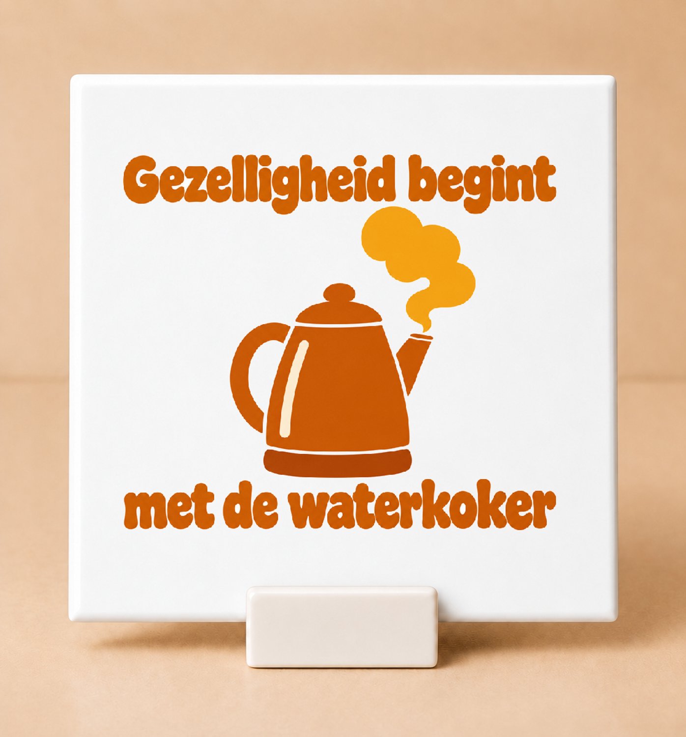 Bedruk King Retro jaren 70 Thee-Tante in winterstand Tegel – Nostalgische huiselijke decoratie voor theeliefhebbers - 15 x 15 cm met houder Wit