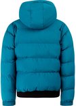 Donkerblauwe winterjas met capuchon en horizontale banen, zwarte boord.
