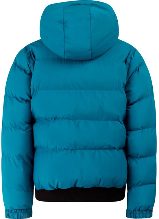 Donkerblauwe winterjas met capuchon en horizontale banen, zwarte boord.