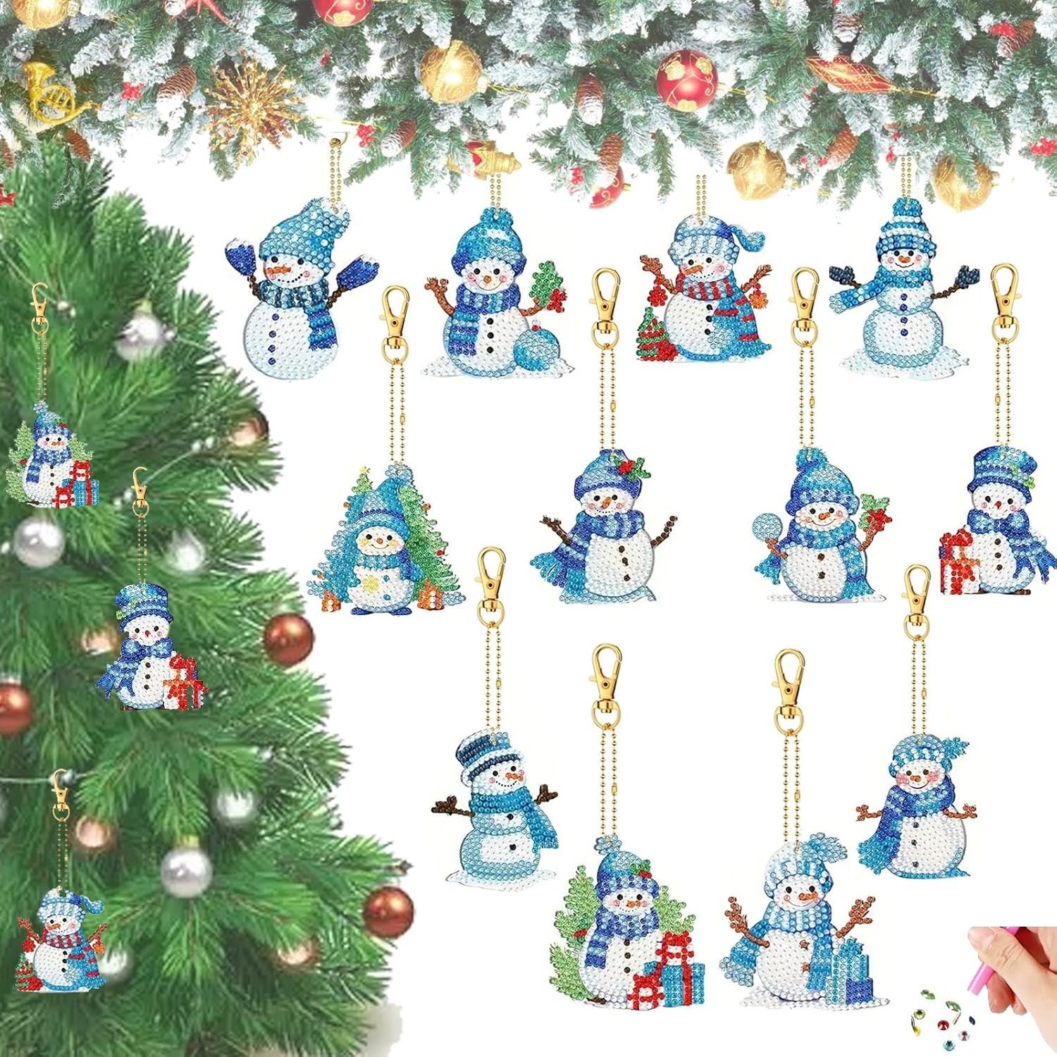 5D Diamant Schilderen Kerstdecoratie Set met 12 Stukken, DIY Sneeuwman Sleutelhanger en Dubbelzijdige Hanger voor Raam en Kerstboom Versiering
