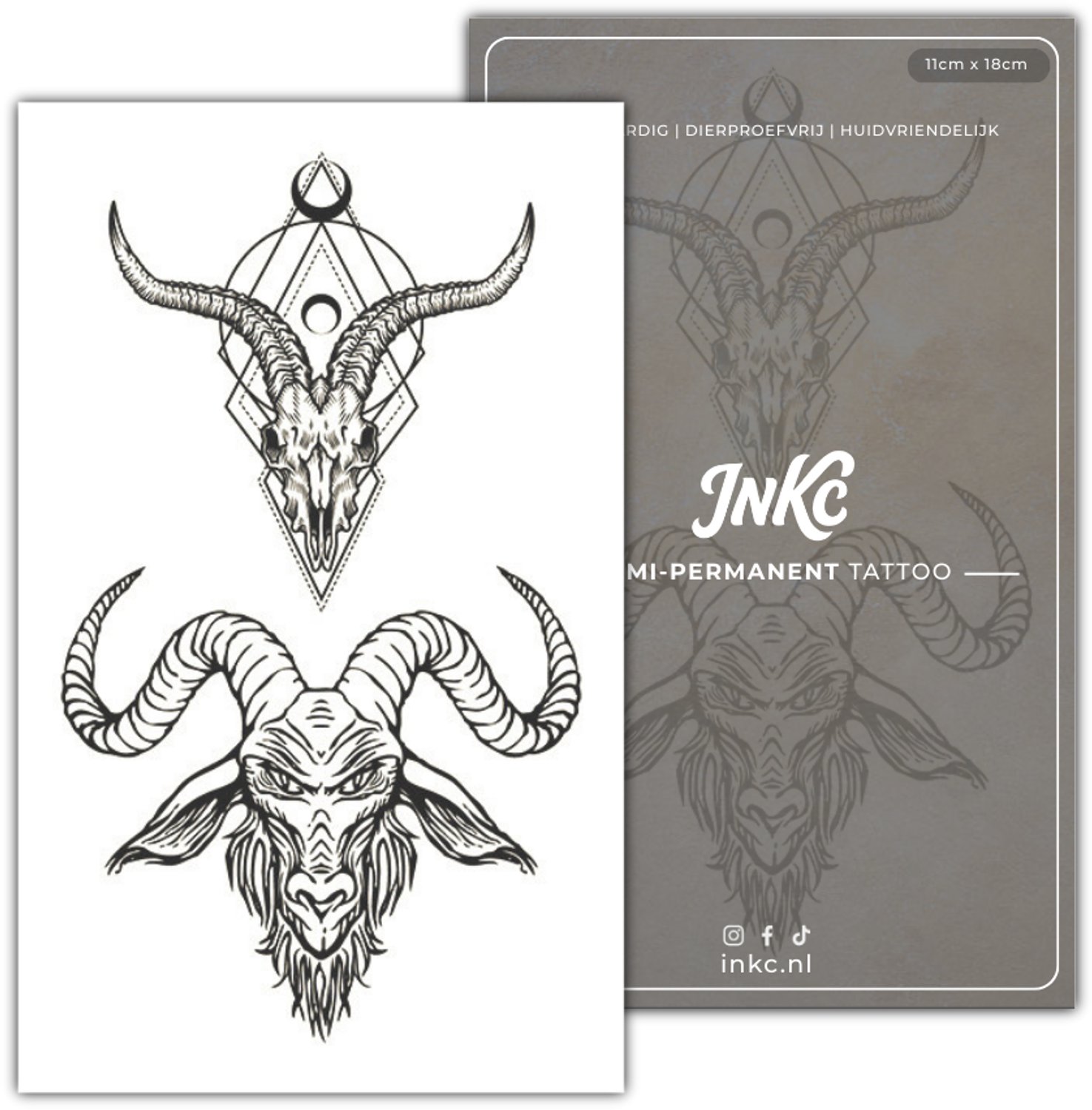 INKC - Tijdelijke Tattoo - Ram Schedel - Nep Tattoo - Plak Tattoos - Blijft tot 2 weken - 11 x 18cm