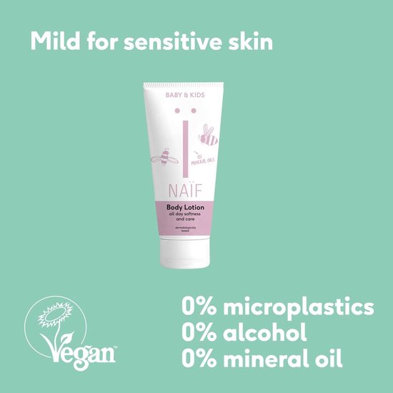 Witte tube Naïf Body Lotion voor baby & kids met vegan logo. Mild voor gevoelige huid. 0% microplastics, alcohol en minerale olie.