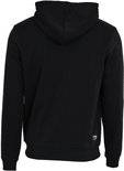 Achterkant van een zwarte hoodie met capuchon.