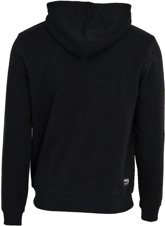 Achterkant van een zwarte hoodie met capuchon.