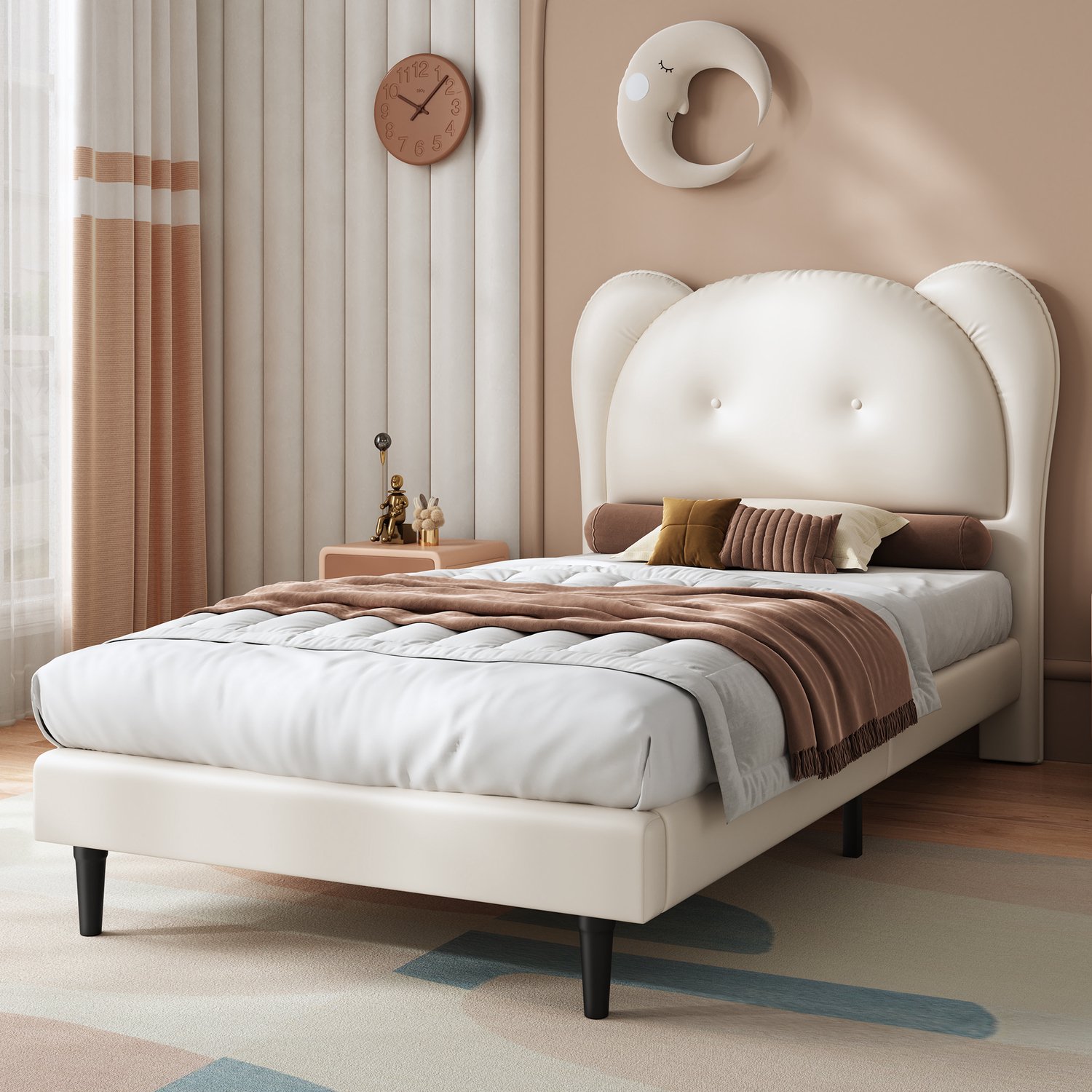 Kinderbed 90x200 cm - PU - dierenhoofdbord - beige - lattenbodem