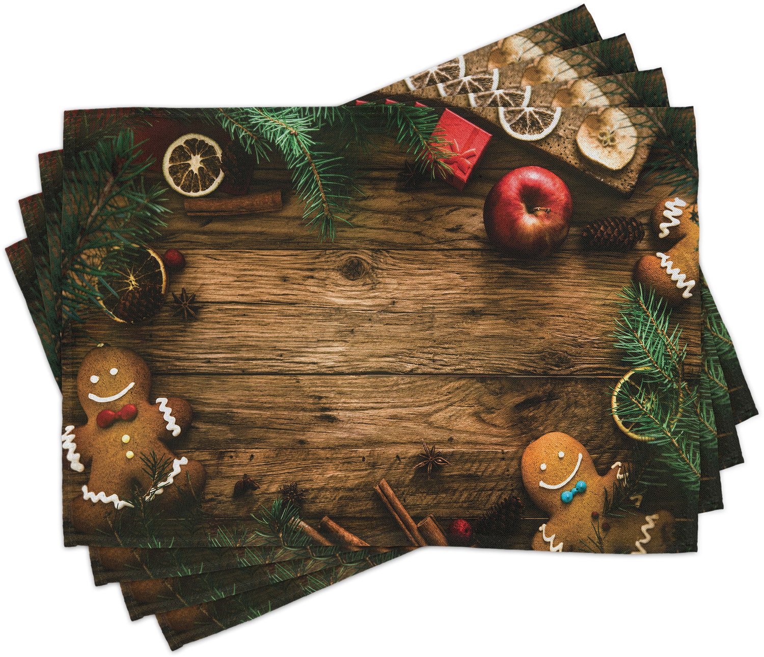 ABAKUHAUS Kerst Placemats Set van 4, Peperkoekmannetje Cadeau Doos Naaldboom Dennen Kaneel Dessert op Rustiek Hout Thema, Wasbare Stoffen Placemats voor de Eettafel, Standaardformaat, Groen en Bruin
