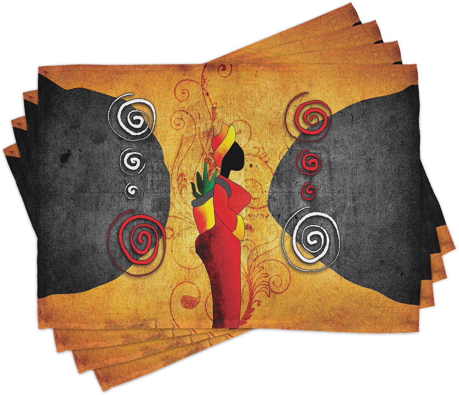 ABAKUHAUS Afrikaans Placemats Set van 4, Traditionele Vrouw Omringd by Wervelende Motieven Savanne Vrouwelijk Grafisch, Wasbare Stoffen Placemats voor de Eettafel, Standaardformaat, Pastel Oranje