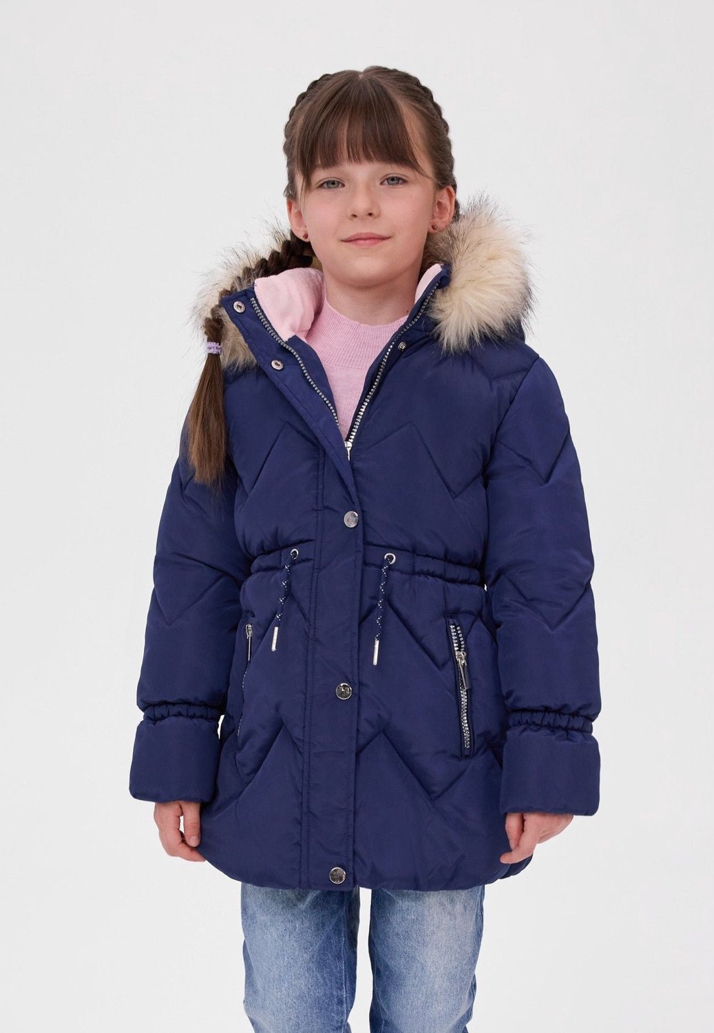 Minoti winterjas meisje – lang model – zigzagstiksels – marineblauw
