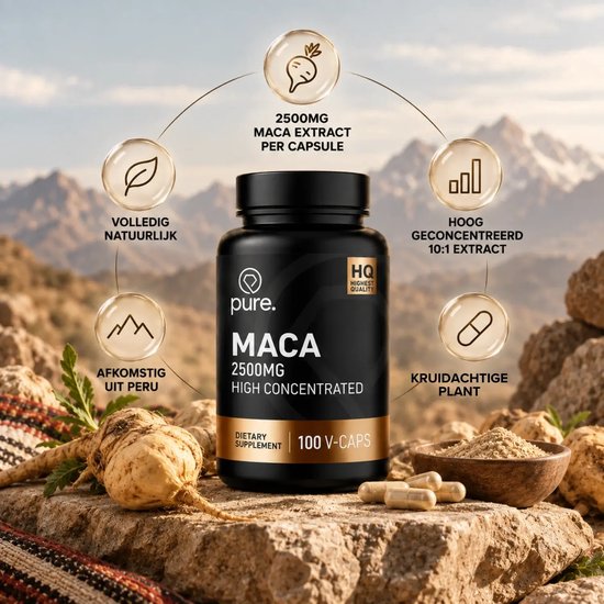 Pure Maca supplement in een bergomgeving, omringd door verse Maca-wortels en poeder.