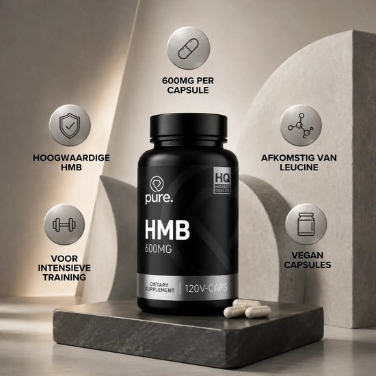 Zwarte pot Pure HMB 600mg op een podium met iconen die voordelen tonen, zoals vegan capsules en leucine-bron.