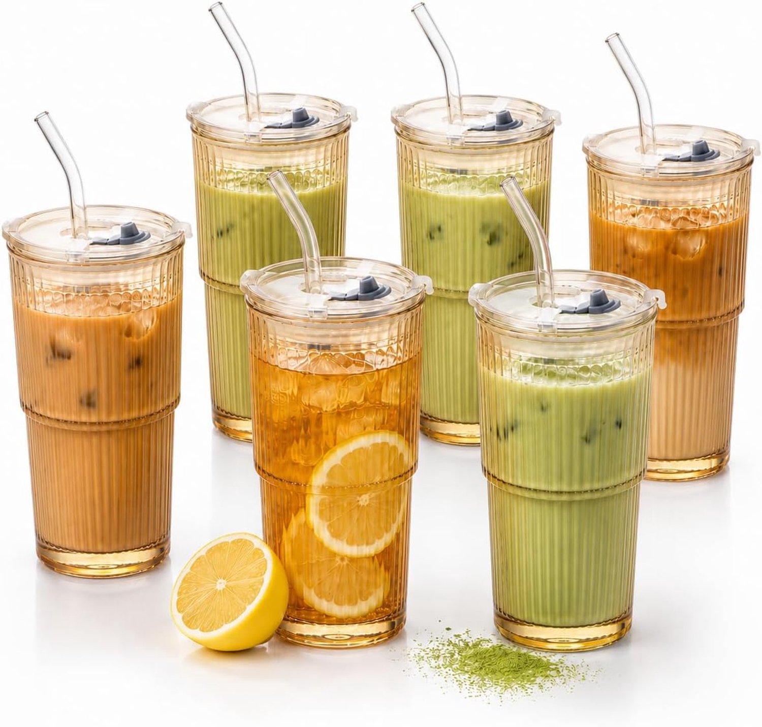 6-delige glazen set met 2-in-1 deksel en glazen rietje, 480 ml barnsteenkleurige ribbelglazen, lekvrij & stapelbaar voor matcha, iced tea, latte macchiato, ijskoffie