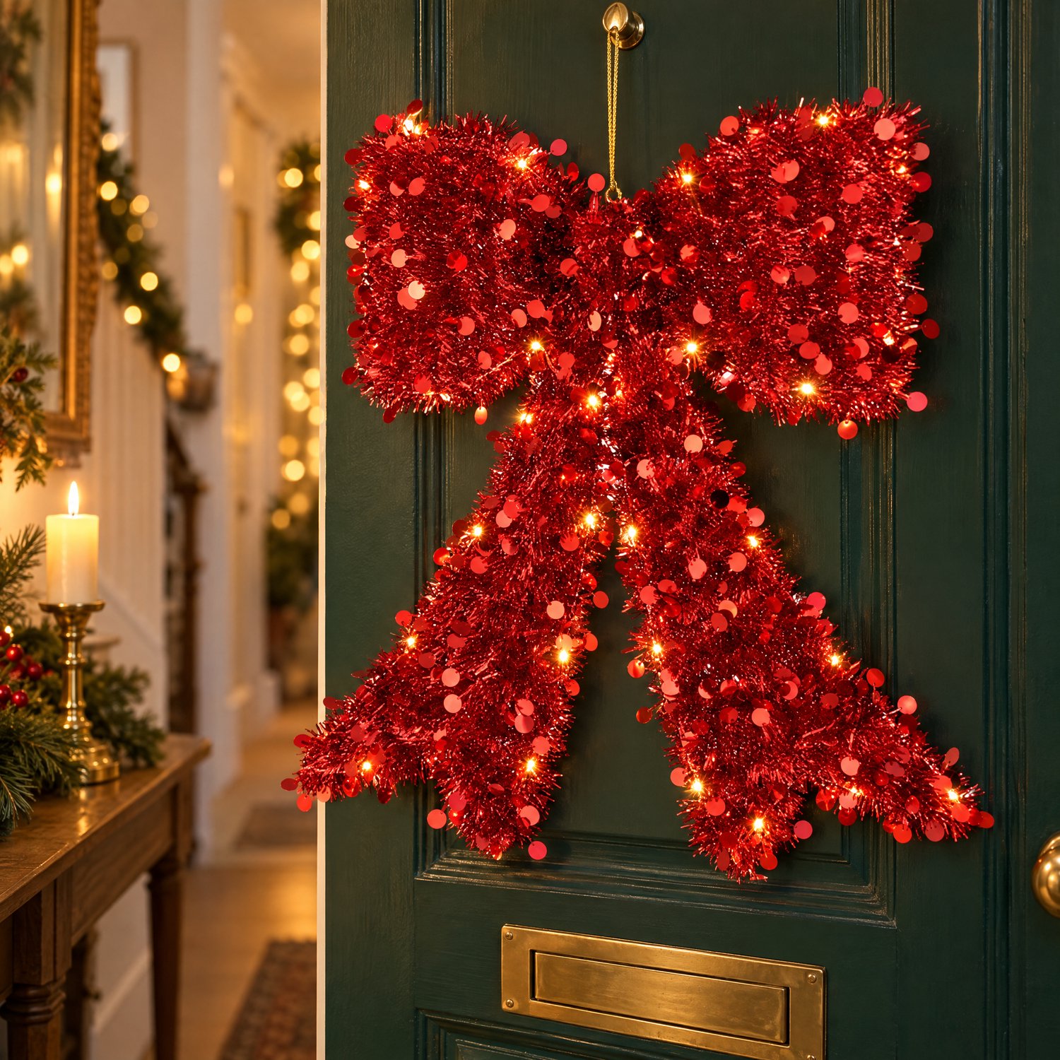 Cheqo® Kerststrik Rood met LED Verlichting - Grote Strik met Kerstlampjes - Verlichte Kerstdecoratie van Tinsel met Pailletten - Deurdecoratie Kerst - Raamdecoratie - Kerstversiering - Kerstverlichting voor Binnen - Hangdecoratie - Kerstornament