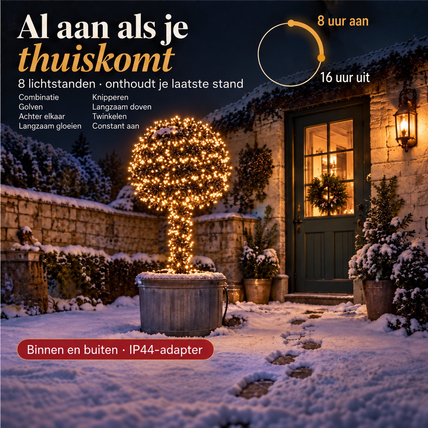 Cheqo® Super Cluster Kerstverlichting 2400 LED - 6 Meter - Warm Wit - Clusterverlichting - Kerstlampjes - Kerstboomverlichting - 8 Lichtfuncties met Geheugen - Timer - Sfeerverlichting voor Binnen en Buiten - Feestverlichting - Lichtsnoer – foto 7