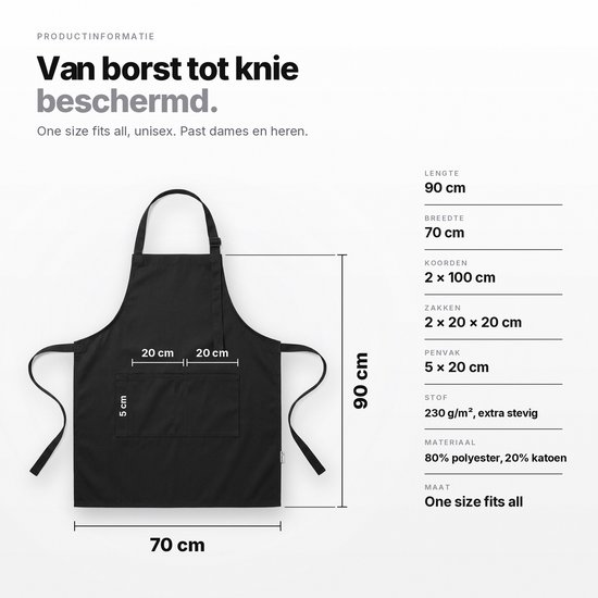 Afmetingen van een zwart schort: lengte 90 cm, breedte 70 cm, zakken 5x20 cm. Gemaakt van 80% polyester, 20% katoen.