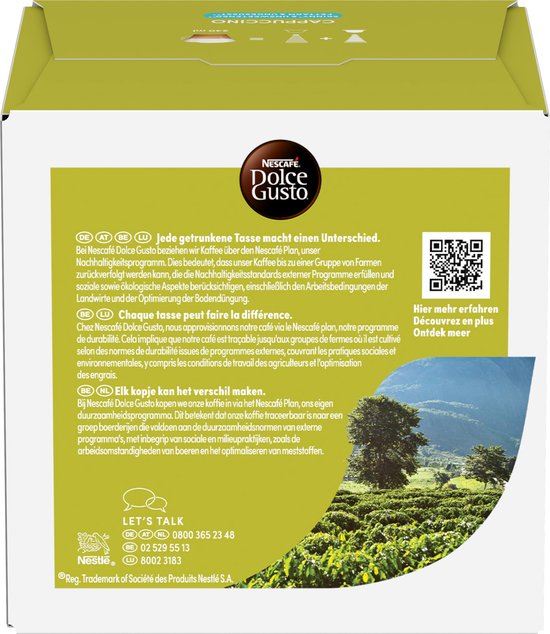 Zijkant Nescafé Dolce Gusto verpakking met informatie over duurzaamheid, koffieplantage en contactgegevens.
