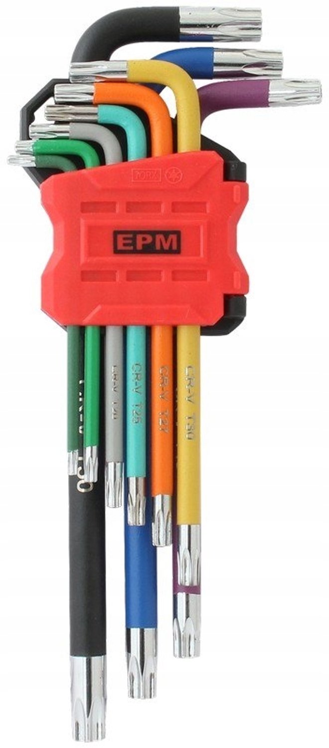Set van 9 Torx Sleutels, Gehard Staal, Kleur Gecodeerd