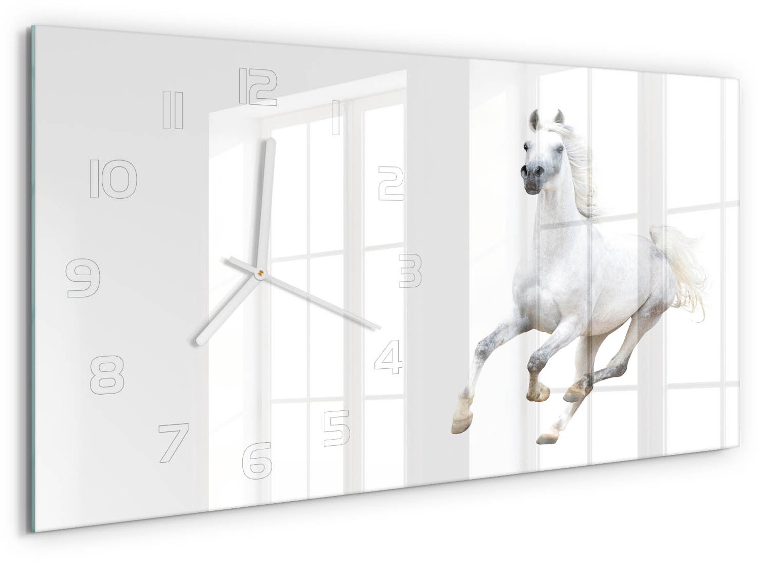 TULUP Wandklok - Wit Arabisch paard Gekleurde Glazen Klok - 60x30 cm - Wit Glazen Klok Met Print - Witte handen - Rechthoekige Klok - Moderne Wandklok Glas - Wandklok Glas Decoratie
