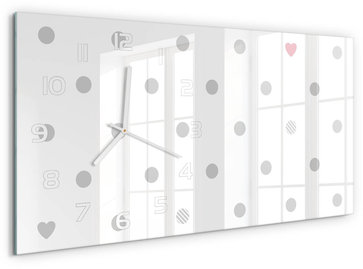 TULUP Wandklok - Stippen en harten Decoratieve Glazen Klok - 60x30 cm - Grijs Glazen Wandklok Design - Witte handen - Rechthoekige Klok - Glazen Klok Met Print - Wandklok Glas Met Motief