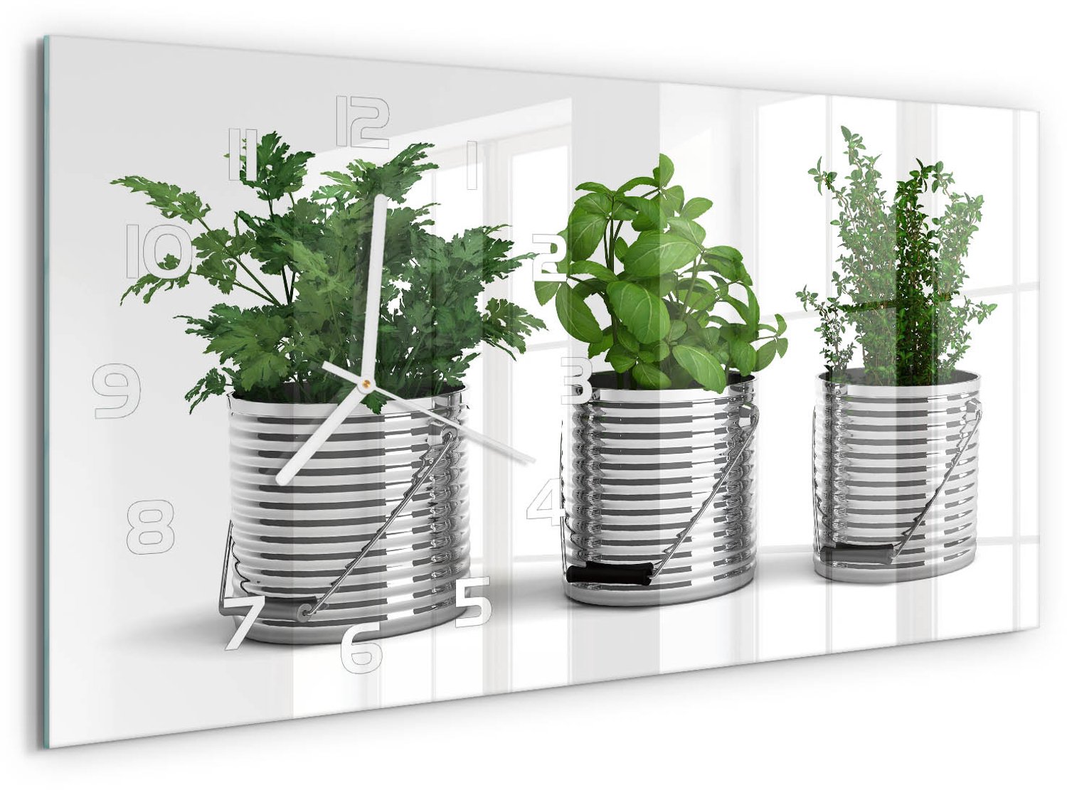 TULUP Wandklok - Aromatische planten Glazen Wandklok Design - 60x30 cm - Groente Klok Glas Met Opdruk - Witte handen - Rechthoekige Klok - Wandklok Glas Met Motief - Decoratieve Glazen Klok