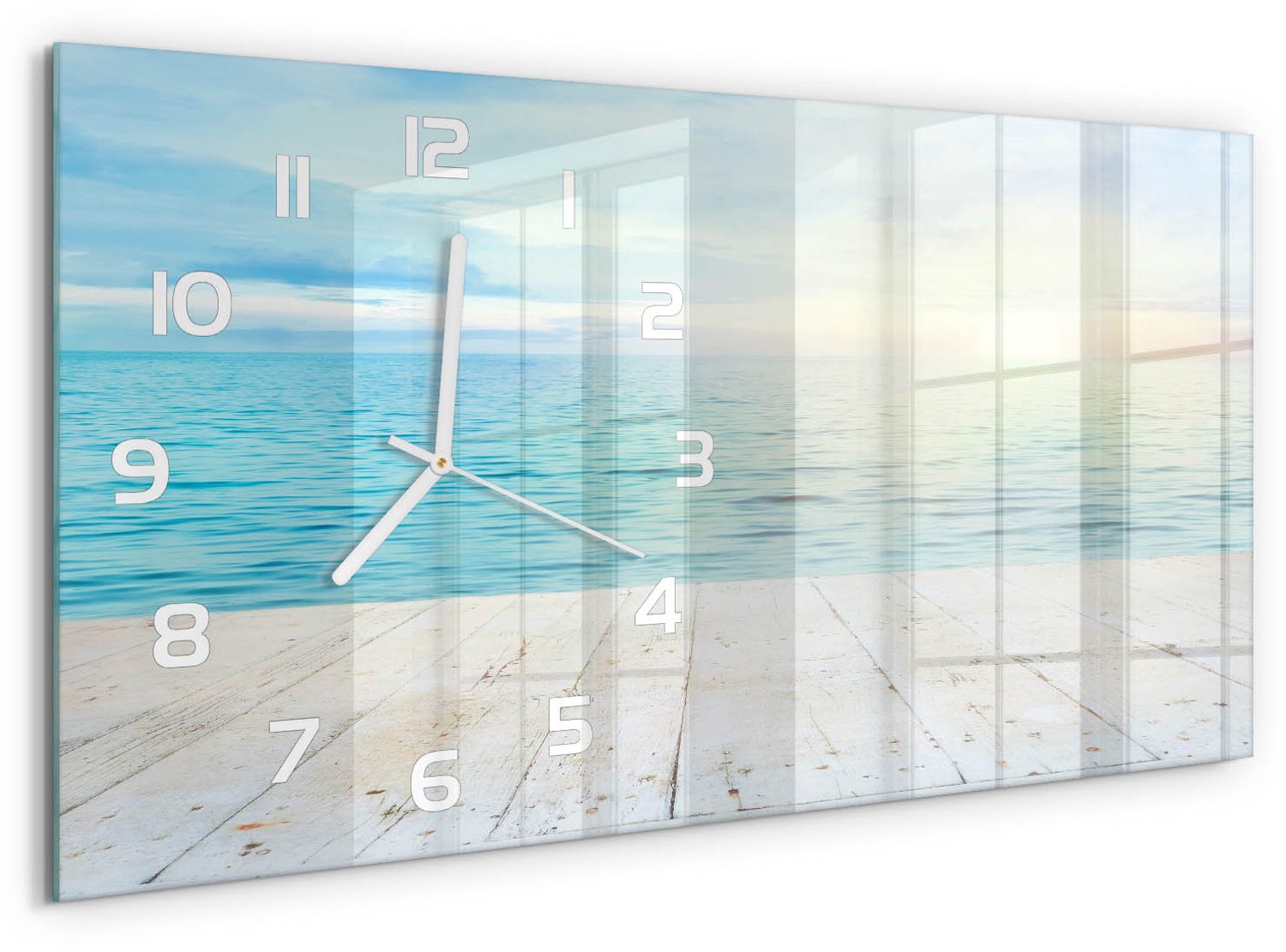 TULUP Wandklok - Zee Wandklok Glas Met Motief - 60x30 cm - Blauw Decoratieve Glazen Klok - Witte handen - Rechthoekige Klok - Gekleurde Glazen Klok - Glazen Klok Met Print