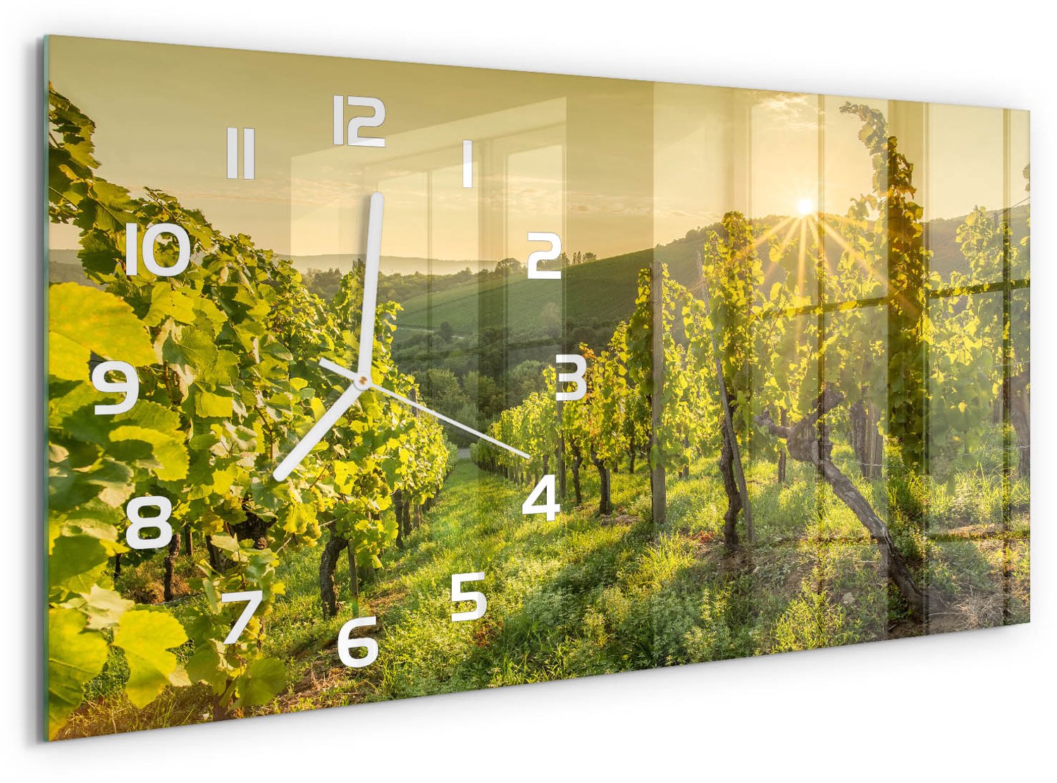 TULUP Wandklok - Wijngaard Wandklok Glas Met Motief - 60x30 cm - Groente Decoratieve Glazen Klok - Witte handen - Rechthoekige Klok - Gekleurde Glazen Klok - Glazen Klok Met Print