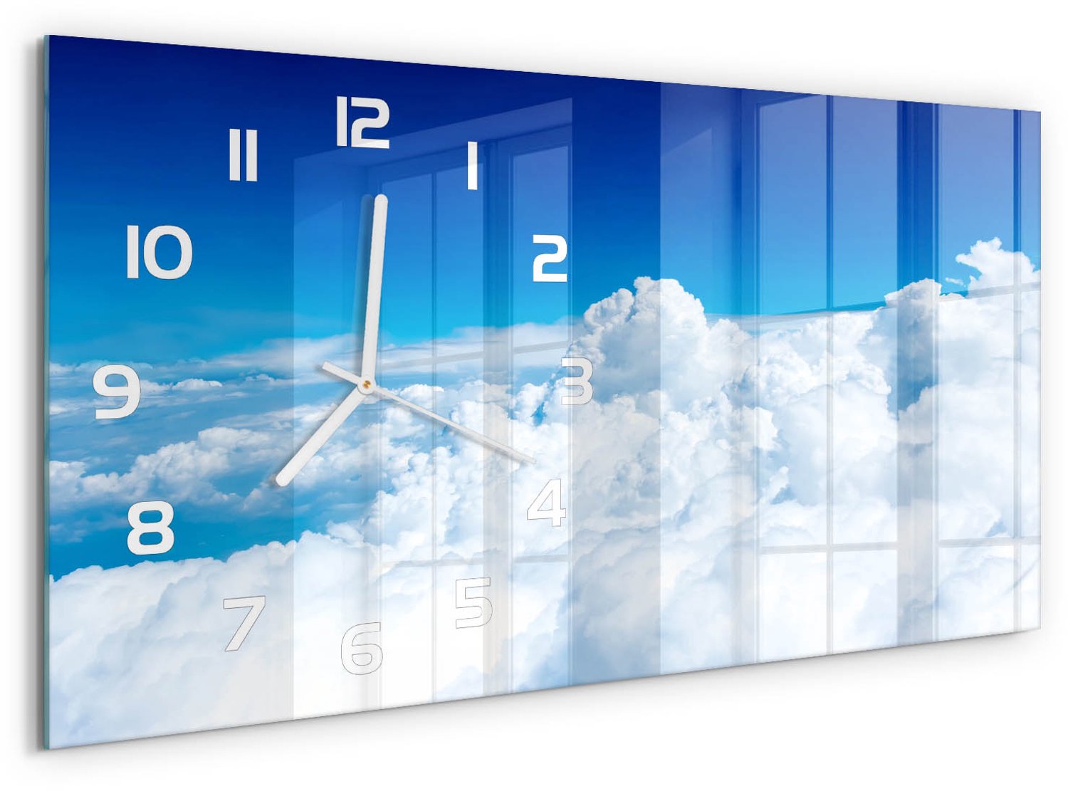 TULUP Wandklok - Vliegen boven de wolken Klok Glas Met Opdruk - 60x30 cm - Blauw Moderne Wandklok Glas - Witte handen - Rechthoekige Klok - Decoratieve Glazen Klok - Glazen Wandklok Design