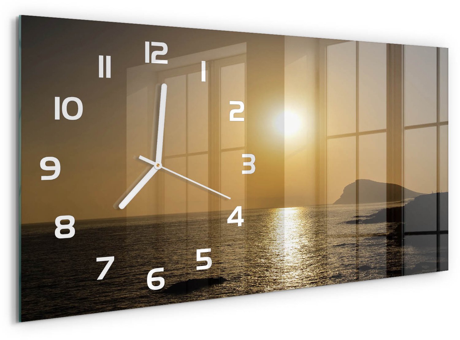 TULUP Wandklok - Zonsondergang Zee Decoratieve Glazen Klok - 60x30 cm - Geel Glazen Wandklok Design - Witte handen - Rechthoekige Klok - Glazen Klok Met Print - Wandklok Glas Met Motief