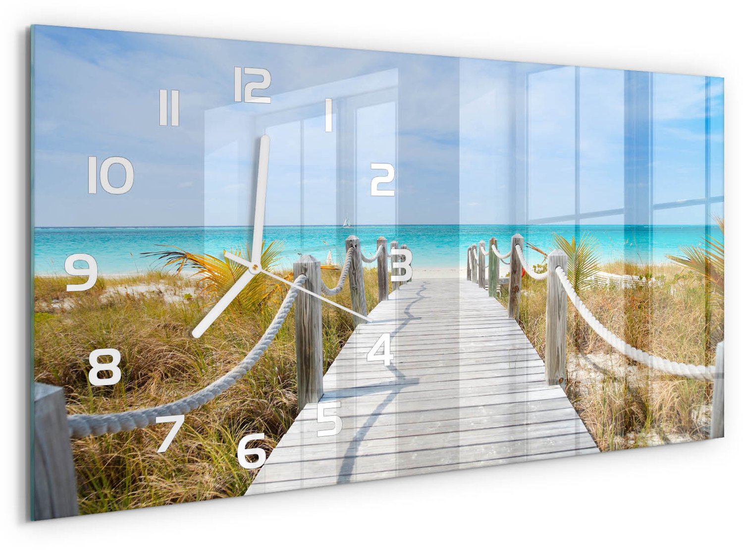 TULUP Wandklok - De weg naar het strand Wandklok Glas Met Motief - 60x30 cm - Blauw Decoratieve Glazen Klok - Witte handen - Rechthoekige Klok - Gekleurde Glazen Klok - Glazen Klok Met Print
