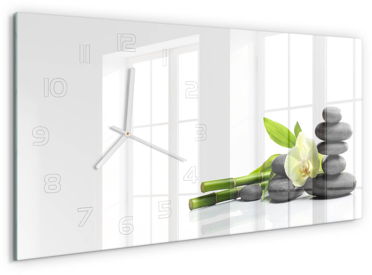TULUP Wandklok - Orchidee Wandklok Glas Met Motief - 60x30 cm - Veelkleurig Decoratieve Glazen Klok - Witte handen - Rechthoekige Klok - Gekleurde Glazen Klok - Glazen Klok Met Print