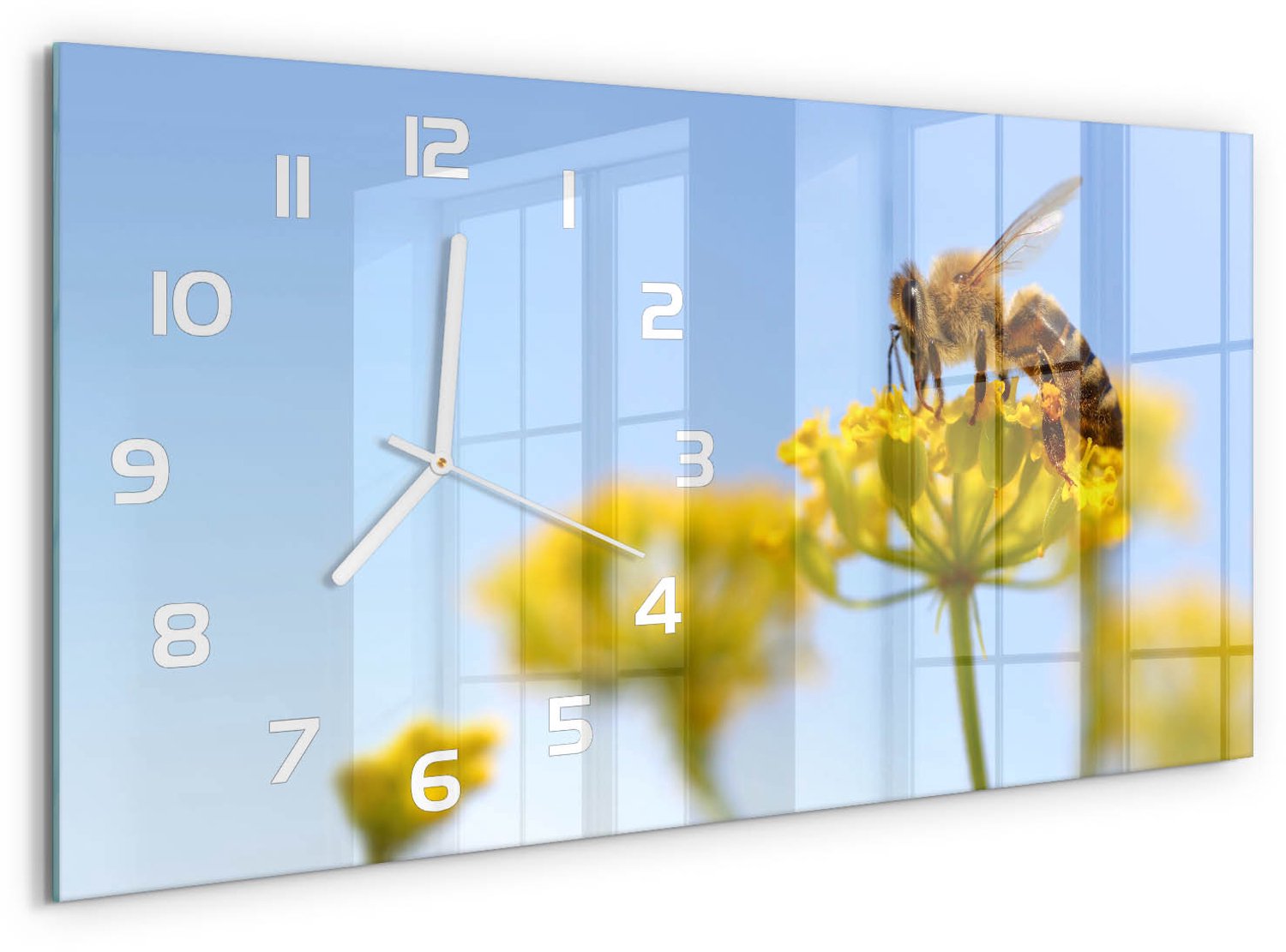 TULUP Wandklok - Bij op een bloem Wandklok Glas Met Motief - 60x30 cm - Geel Decoratieve Glazen Klok - Witte handen - Rechthoekige Klok - Gekleurde Glazen Klok - Glazen Klok Met Print