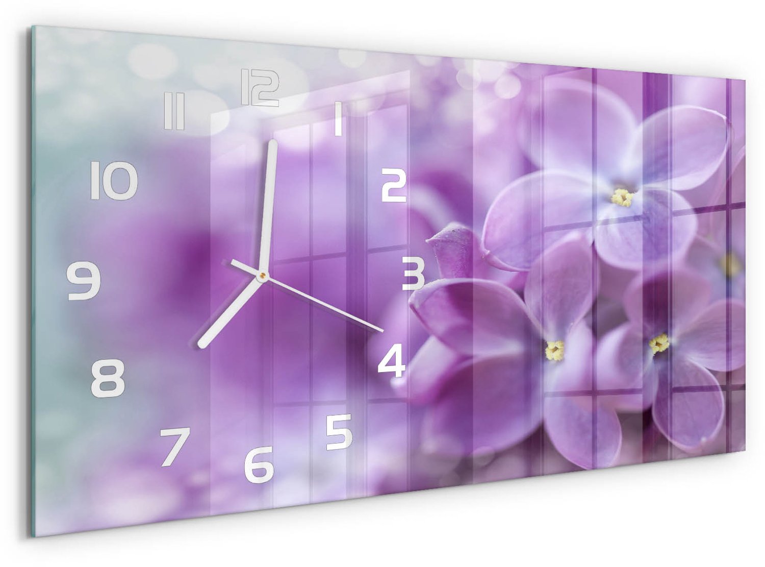 TULUP Wandklok - Paarse bloemen Glazen Klok Met Print - 60x30 cm - Paars Wandklok Glas Met Motief - Witte handen - Rechthoekige Klok - Wandklok Glas Decoratie - Gekleurde Glazen Klok
