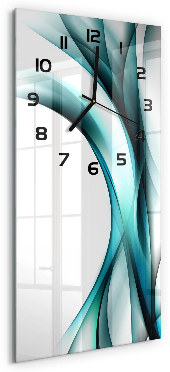 Tulup Wandklok - Golfabstractie Glazen Wandklok Design - 30x60 cm - Blauw Klok Glas Met Opdruk - Zwarte handen - Rechthoekige Klok - Wandklok Glas Met Motief - Decoratieve Glazen Klok