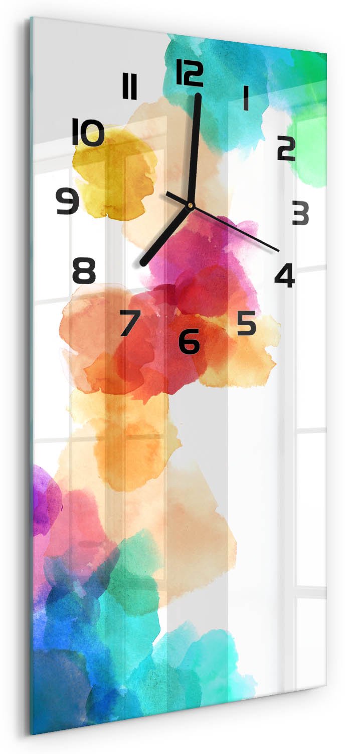 Tulup Wandklok - Kleurrijke vlekken Gekleurde Glazen Klok - 30x60 cm - Veelkleurig Glazen Klok Met Print - Zwarte handen - Rechthoekige Klok - Moderne Wandklok Glas - Wandklok Glas Decoratie