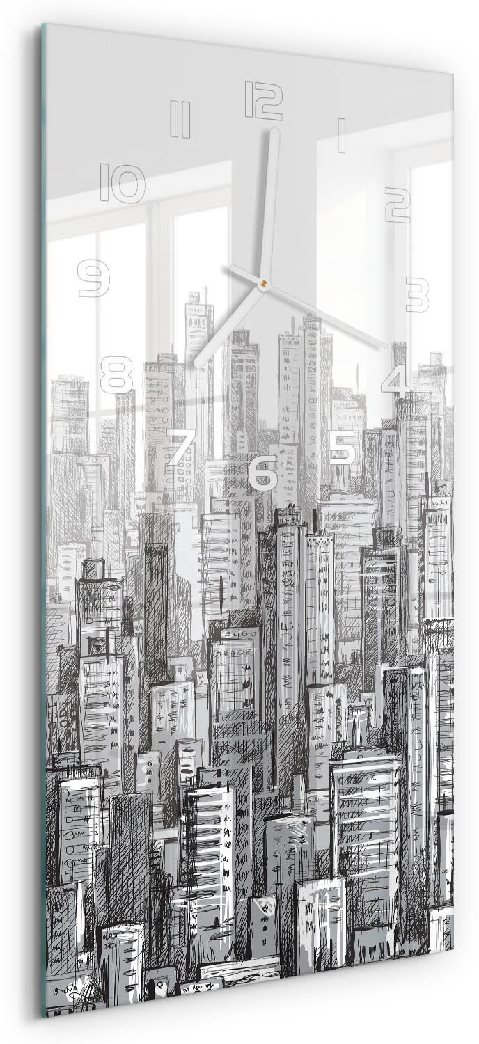 Tulup Wandklok - Wolkenkrabber Glazen Wandklok Design - 30x60 cm - Grijs Klok Glas Met Opdruk - Witte handen - Rechthoekige Klok - Wandklok Glas Met Motief - Decoratieve Glazen Klok
