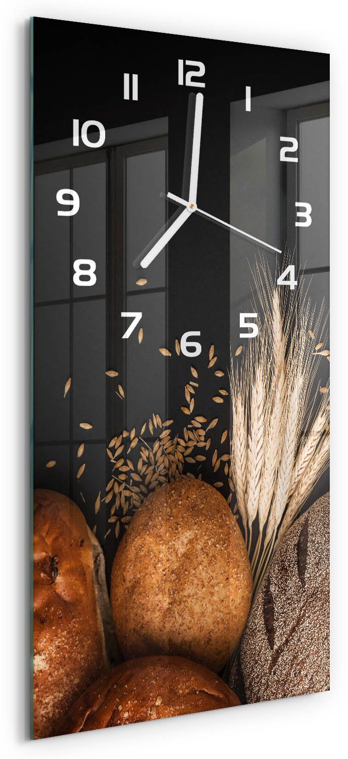 Tulup Wandklok - Brood en tarwe Gekleurde Glazen Klok - 30x60 cm - Bruin Glazen Klok Met Print - Witte handen - Rechthoekige Klok - Moderne Wandklok Glas - Wandklok Glas Decoratie
