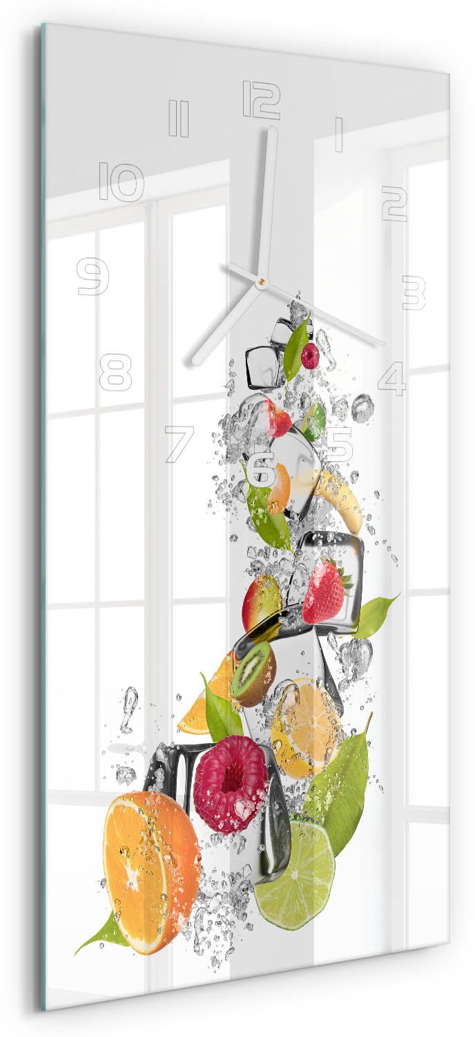 Tulup Wandklok - Fruit met ijs Wandklok Glas Met Motief - 30x60 cm - Veelkleurig Decoratieve Glazen Klok - Witte handen - Rechthoekige Klok - Gekleurde Glazen Klok - Glazen Klok Met Print