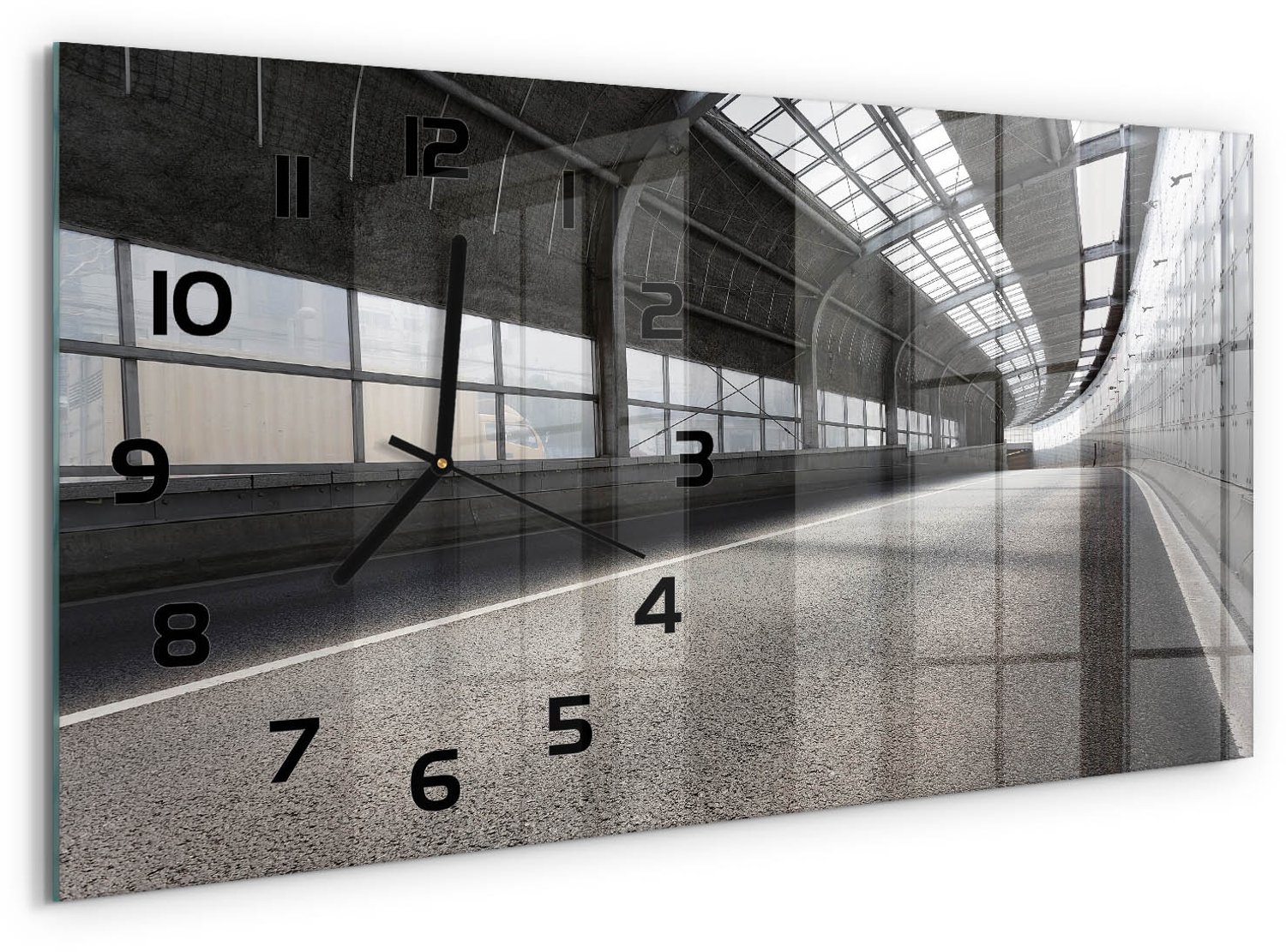TULUP Wandklok - Straat in de tunnel Glazen Klok Met Print - 60x30 cm - Grijs Wandklok Glas Met Motief - Zwarte handen - Rechthoekige Klok - Wandklok Glas Decoratie - Gekleurde Glazen Klok