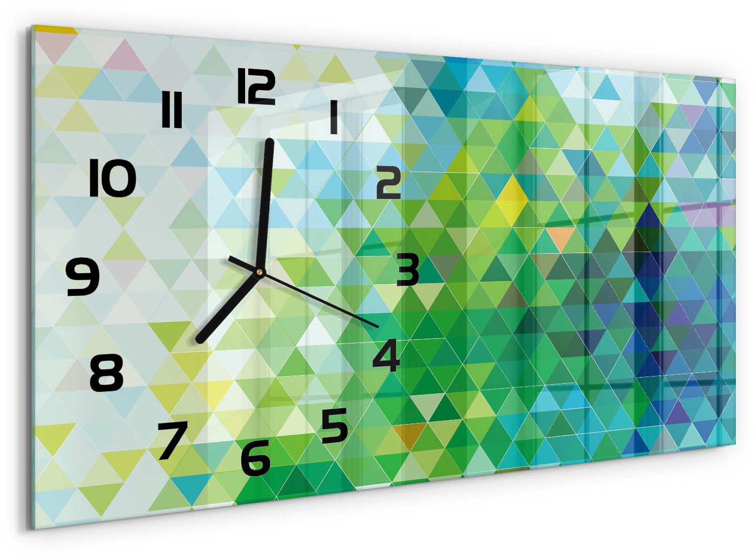 TULUP Wandklok - Driehoeken van abstractie Wandklok Glas Decoratie - 60x30 cm - Groente Gekleurde Glazen Klok - Zwarte handen - Rechthoekige Klok - Klok Glas Met Opdruk - Moderne Wandklok Glas