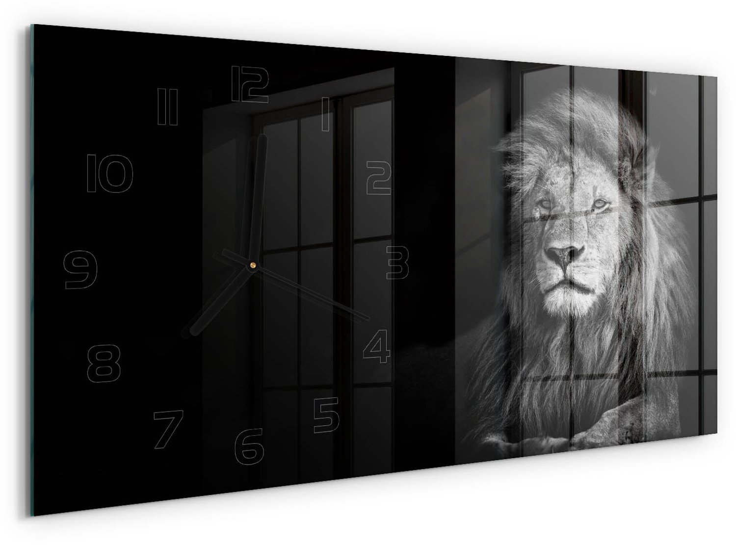 TULUP Wandklok - Portret van een leeuw Wandklok Glas Met Motief - 60x30 cm - Zwart-wit Decoratieve Glazen Klok - Zwarte handen - Rechthoekige Klok - Gekleurde Glazen Klok - Glazen Klok Met Print
