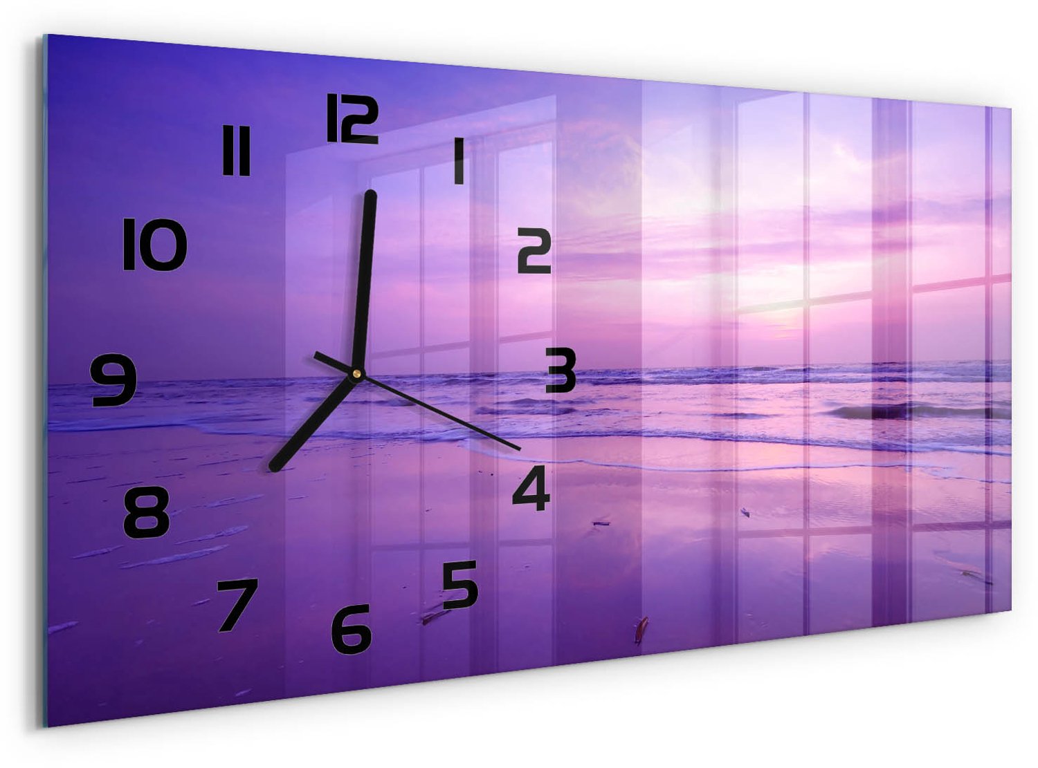 TULUP Wandklok - Zonsondergang Zee Wandklok Glas Decoratie - 60x30 cm - Paars Gekleurde Glazen Klok - Zwarte handen - Rechthoekige Klok - Klok Glas Met Opdruk - Moderne Wandklok Glas