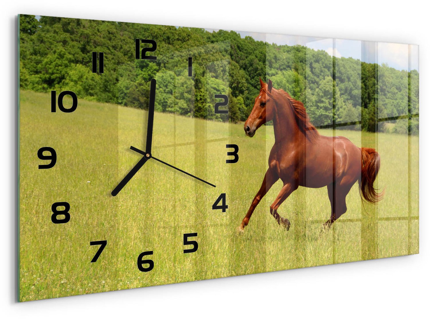 TULUP Wandklok - Paard in de wei Klok Glas Met Opdruk - 60x30 cm - Bruin Moderne Wandklok Glas - Zwarte handen - Rechthoekige Klok - Decoratieve Glazen Klok - Glazen Wandklok Design