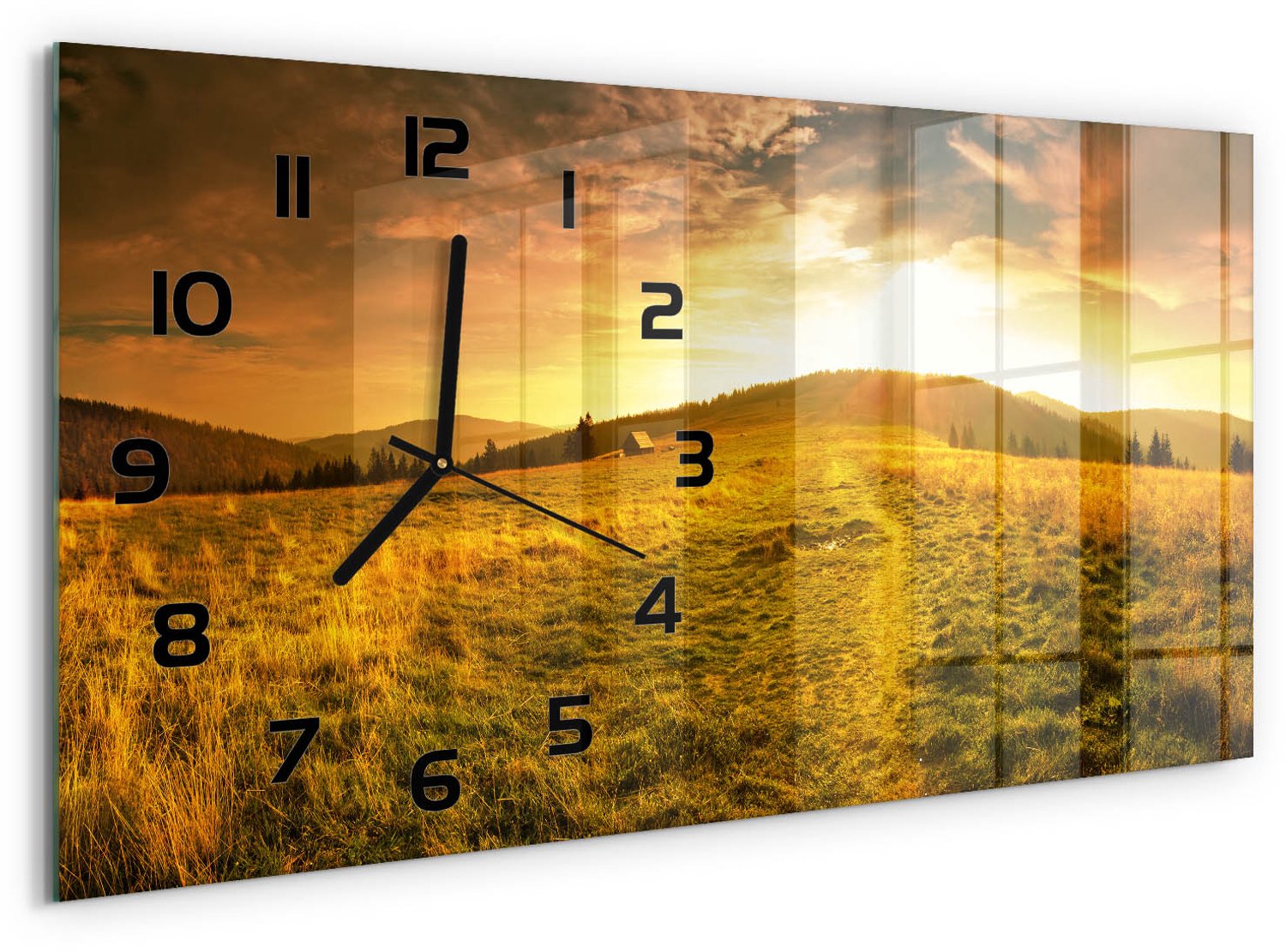 TULUP Wandklok - Panorama van de Hoge Tatra Moderne Wandklok Glas - 60x30 cm - Oranje Wandklok Glas Decoratie - Zwarte handen - Rechthoekige Klok - Glazen Wandklok Design - Klok Glas Met Opdruk