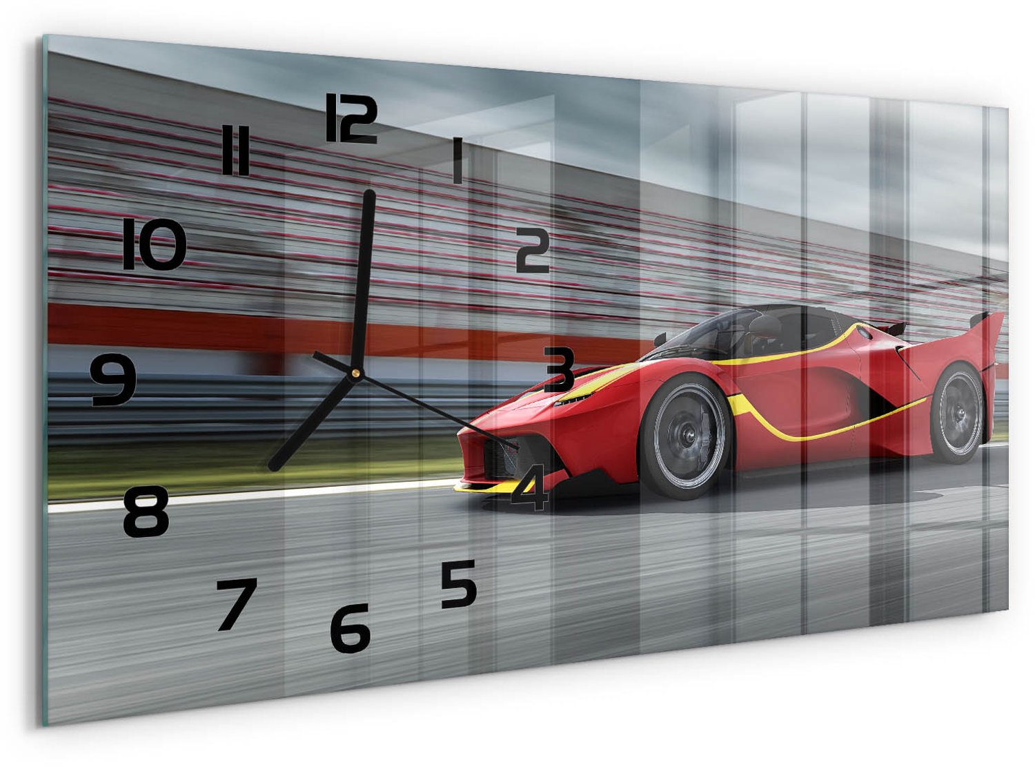 TULUP Wandklok - Sportwagen Decoratieve Glazen Klok - 60x30 cm - Rood Glazen Wandklok Design - Zwarte handen - Rechthoekige Klok - Glazen Klok Met Print - Wandklok Glas Met Motief