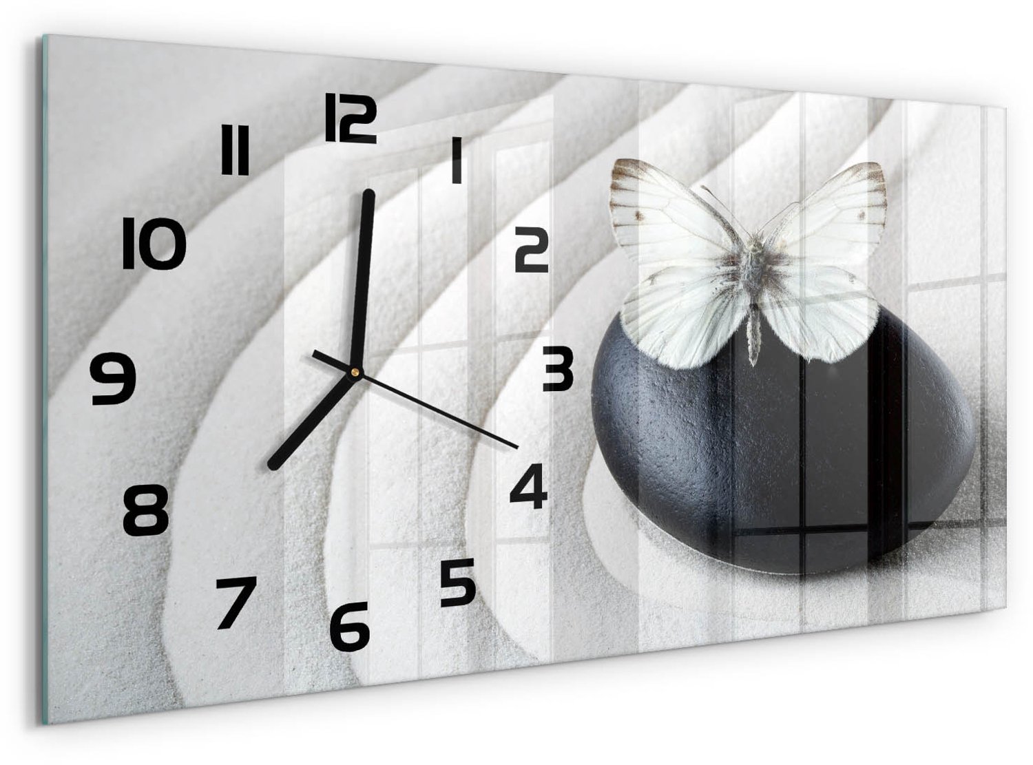 TULUP Wandklok - Zensteen en vlinder Glazen Klok Met Print - 60x30 cm - Wit Wandklok Glas Met Motief - Zwarte handen - Rechthoekige Klok - Wandklok Glas Decoratie - Gekleurde Glazen Klok