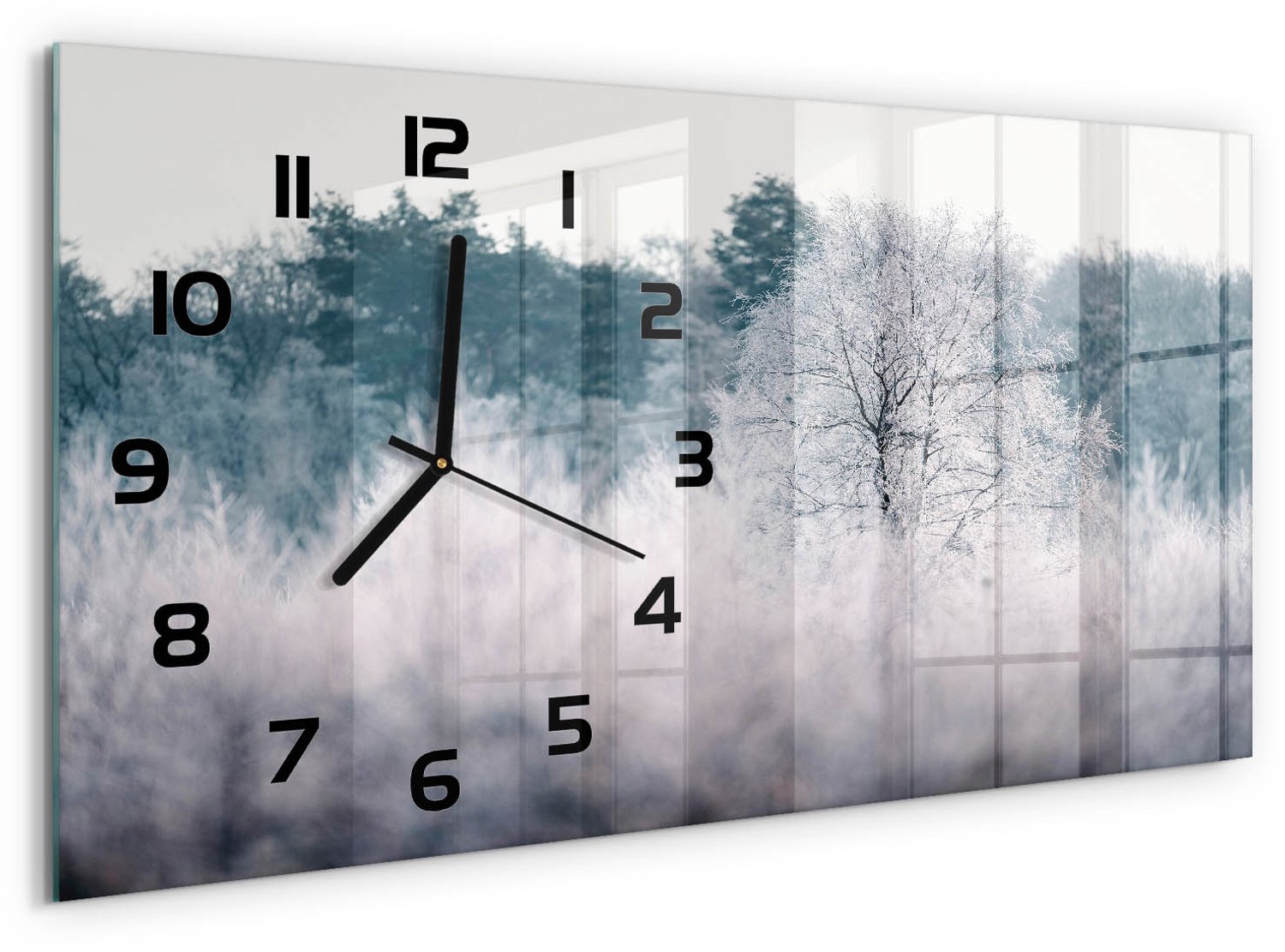 TULUP Wandklok - Winterbomen Gekleurde Glazen Klok - 60x30 cm - Grijs Glazen Klok Met Print - Zwarte handen - Rechthoekige Klok - Moderne Wandklok Glas - Wandklok Glas Decoratie