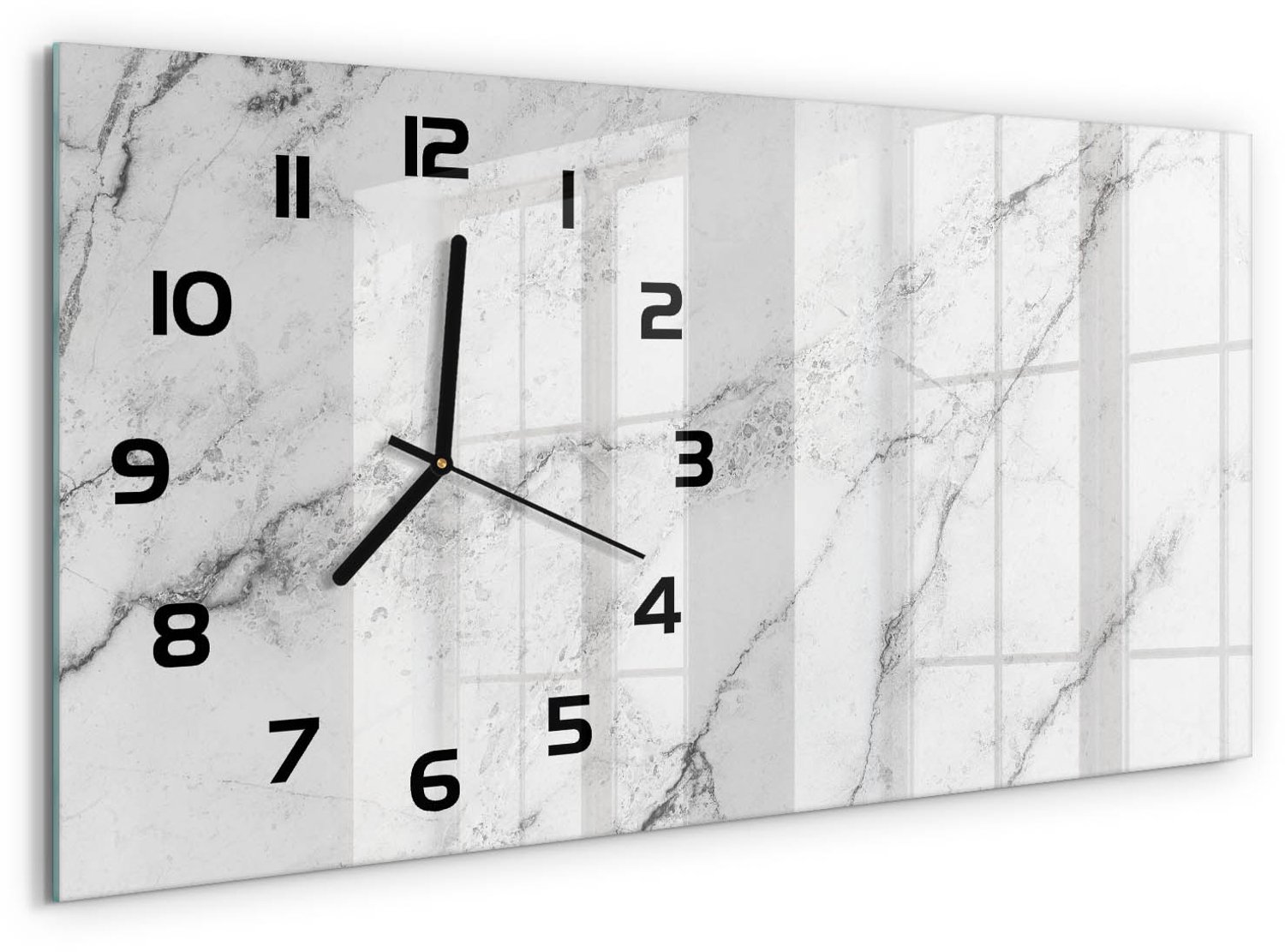 TULUP Wandklok - Marmer Glazen Wandklok Design - 60x30 cm - Wit Klok Glas Met Opdruk - Zwarte handen - Rechthoekige Klok - Wandklok Glas Met Motief - Decoratieve Glazen Klok