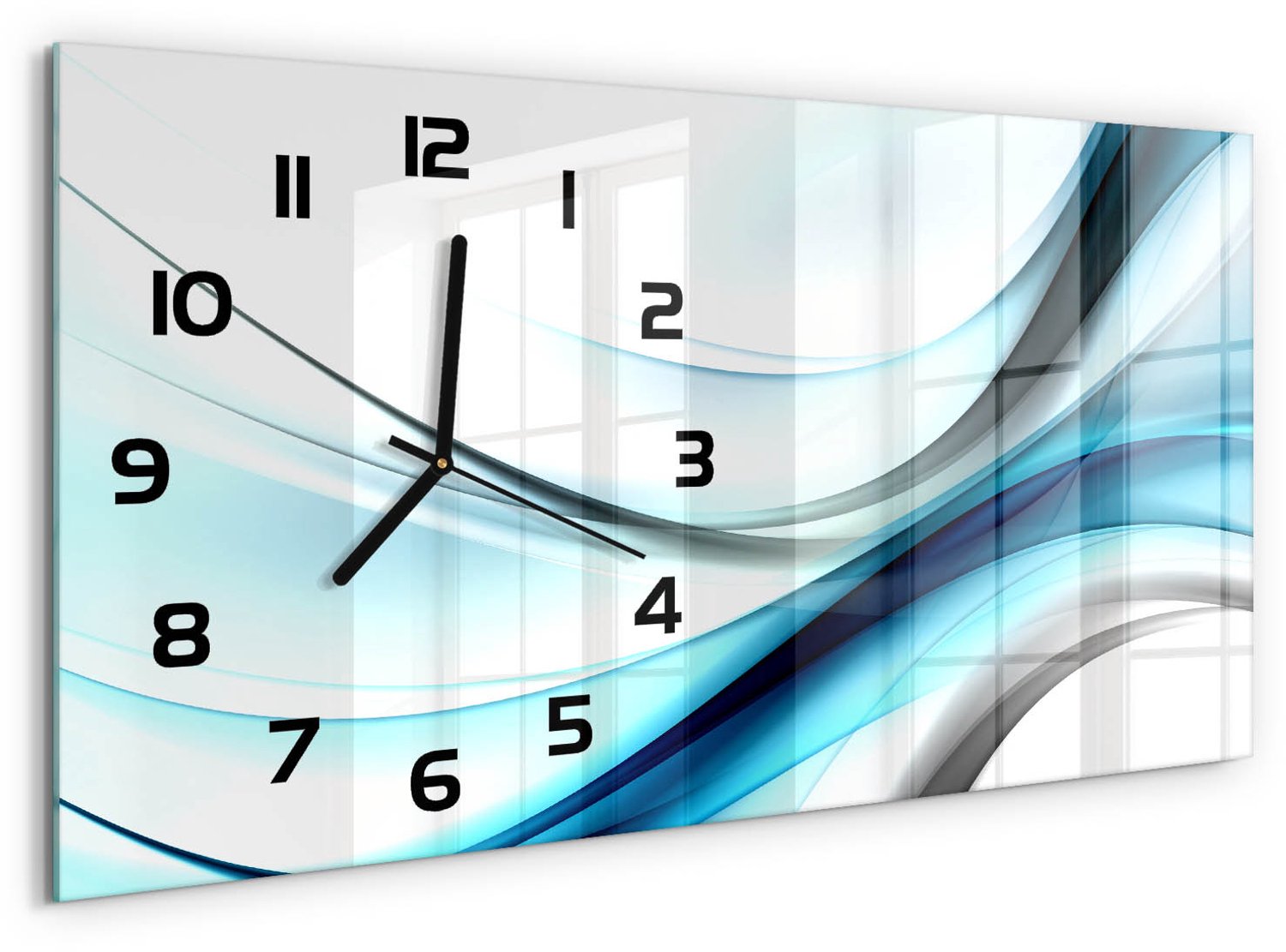 TULUP Wandklok - Golfabstractie Decoratieve Glazen Klok - 60x30 cm - Blauw Glazen Wandklok Design - Zwarte handen - Rechthoekige Klok - Glazen Klok Met Print - Wandklok Glas Met Motief