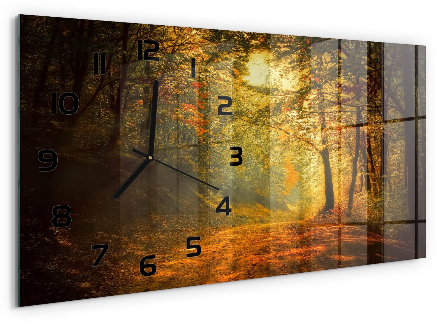 TULUP Wandklok - Herfstbos Wandklok Glas Decoratie - 60x30 cm - Oranje Gekleurde Glazen Klok - Zwarte handen - Rechthoekige Klok - Klok Glas Met Opdruk - Moderne Wandklok Glas