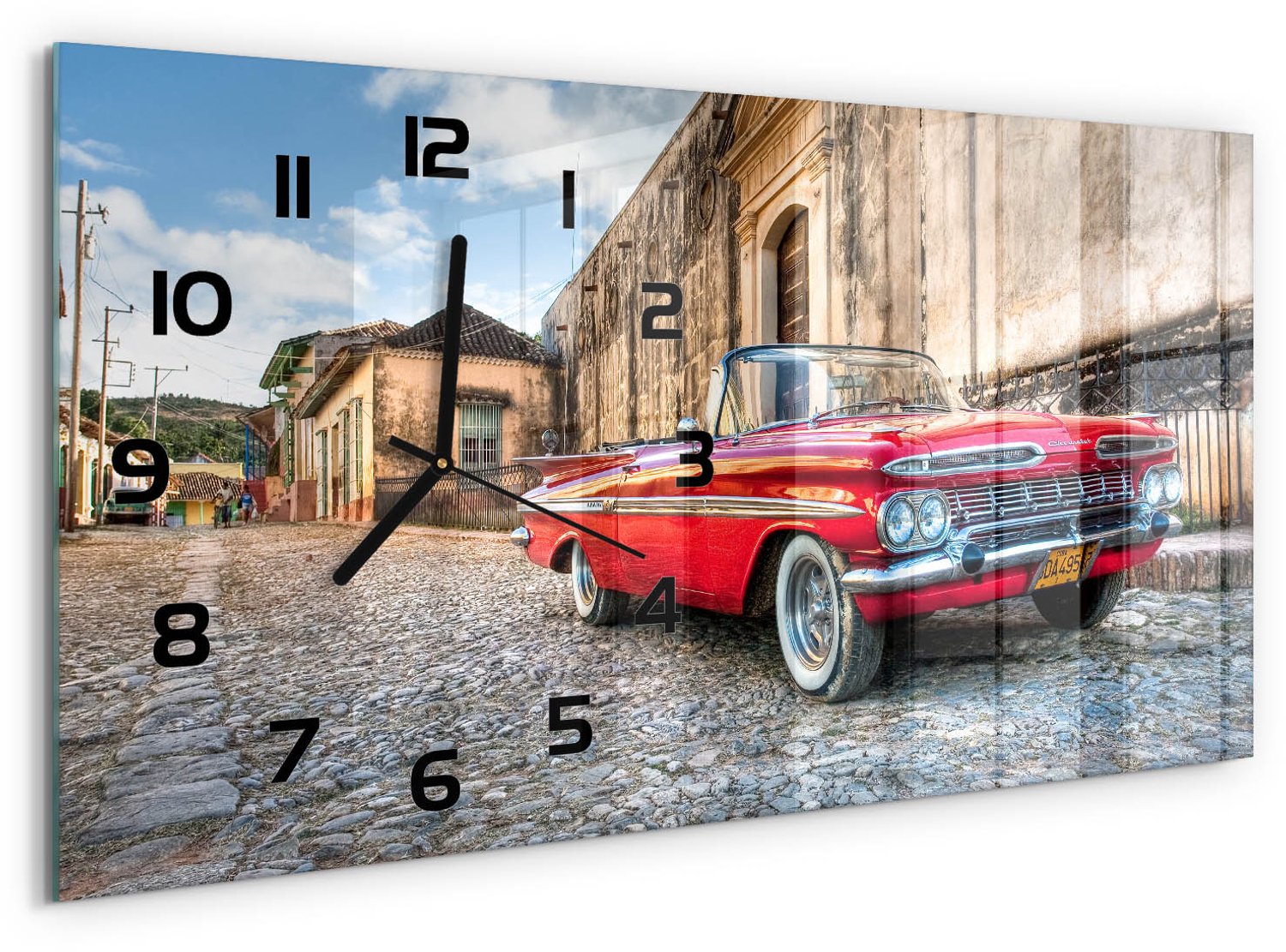 TULUP Wandklok - Rode Chevrolet Moderne Wandklok Glas - 60x30 cm - Rood Wandklok Glas Decoratie - Zwarte handen - Rechthoekige Klok - Glazen Wandklok Design - Klok Glas Met Opdruk