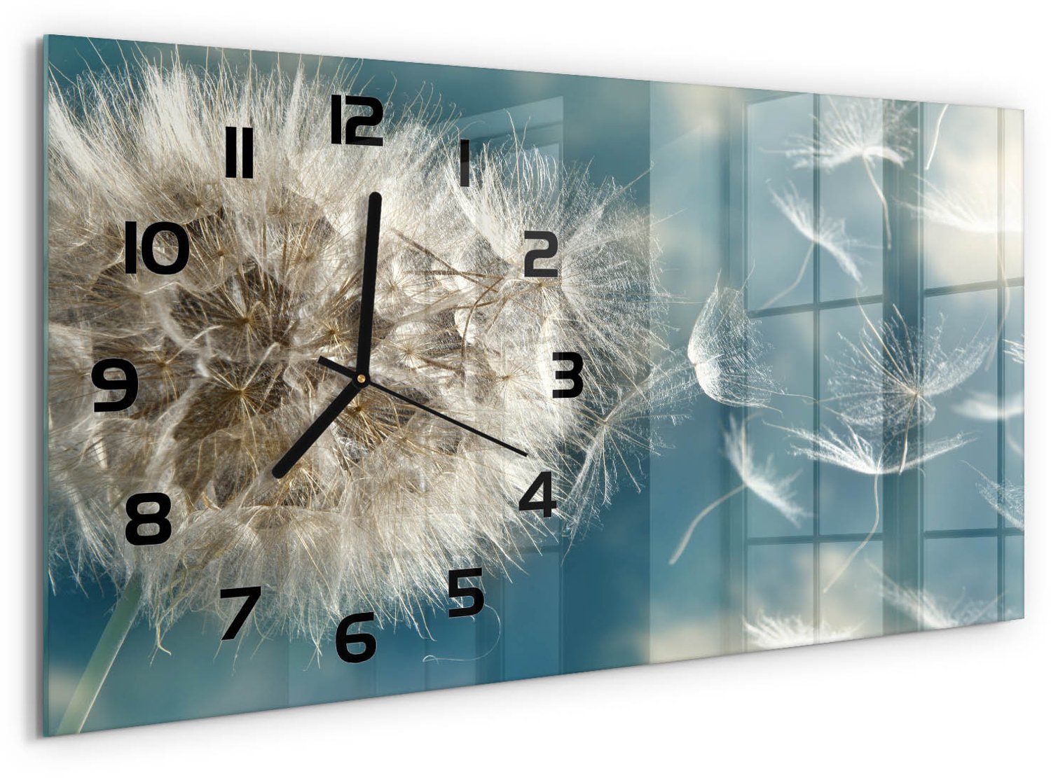 TULUP Wandklok - Paardebloem Klok Glas Met Opdruk - 60x30 cm - Wit Moderne Wandklok Glas - Zwarte handen - Rechthoekige Klok - Decoratieve Glazen Klok - Glazen Wandklok Design